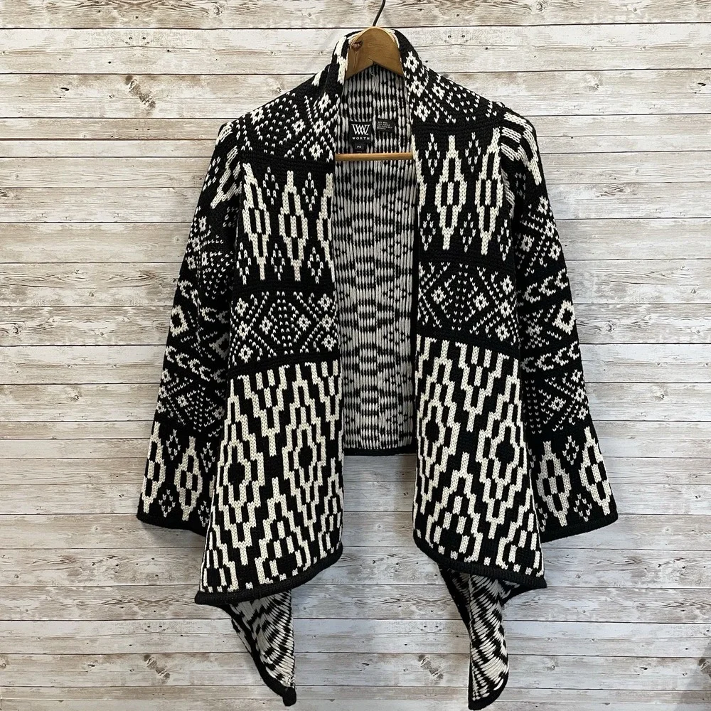 W by Worth Womens PS Cardigan Sweater Wool Blend Open‎ Front Aztec Black & White